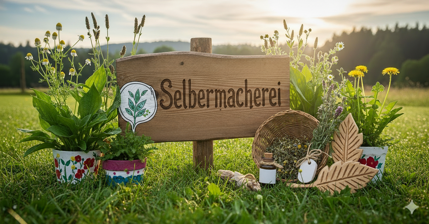 Illustration mit Kräutern, Glasgefäßen und handwerklichen Elementen